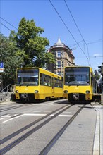 Stuttgart city railway vehicles of type DT 8 public transport on line U15 at the Eugensplatz stop