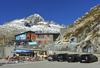 Entrance to the ice grotto in the Rhone Glacier, Furka Pass, Belvédère, Obergoms, Valais,