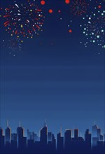 Minimalist, geometric skyline at night, with subtle fireworks in the sky, represented by colorful