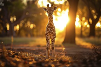 Baby giraffe standing amidst the golden rays of the setting sun, surrounded by nature beauty, AI