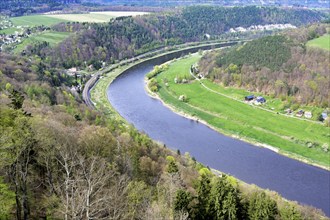 View over the Elbe River from the Konigstein fortress on top of the Elbe sandstone mountains,