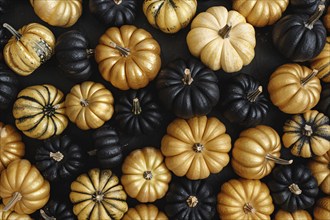 Top view of many small golden and black pumpkins. Generative Ai, AI generated