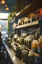 Cannabis dispensary interior with varieties of cannabis plants densely packed, AI generated