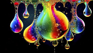 Colourful iridescent plastic drops and bubbles filled with oily liquids, 3D, digital art, AI