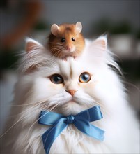 Pet, animal friendship, a brown mouse sits on the head of a cat, AI generated, AI generated