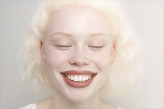 Laughing woman with Alminism with pale skin, white hair and eyelashes. KI generiert, generiert AI