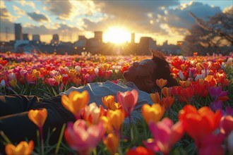 A young man lies relaxed in a meadow, surrounded by crocus blossoms, resting and enjoying the