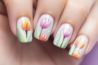 Close up of woman's fingernails with beautiful spring tulip flower nail art design. KI generiert,