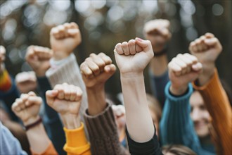 Close up of many women's raised fists. KI generiert, generiert, AI generated