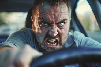 Angry, unnerved, aggressive, screaming man sitting behind the wheel, symbolic image for aggressive