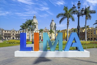 Lima, Peru, Archbishop Palace on colonial Central plaza Mayor or Plaza de Armas in historic center,