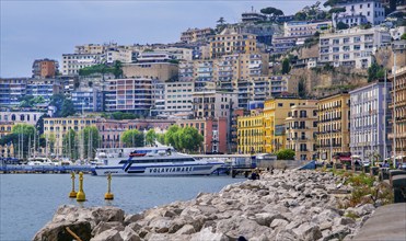 Waterfront with excursion boat from the Mergellina district, Naples, Gulf of Naples, Campania,