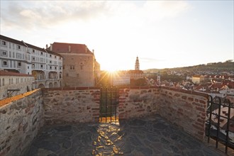 Viewpoint at Ceský Krumlov Castle . Sun star above the castle