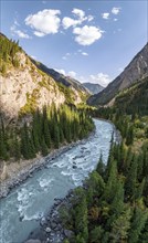 Mountain landscape with river in a narrow mountain valley in autumn, Little Naryn or Kichi-Naryn,