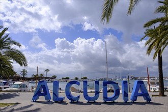 Lettering Alcudia at the harbour, Port d'Alcúdia, Alcudia, Majorca, Balearic Islands, Spain, Europe