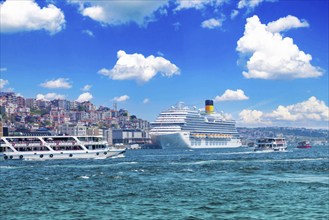 Bosphorus strait in Istanbul, Bosporus tour boats and views of Istanbul mosques and historic center