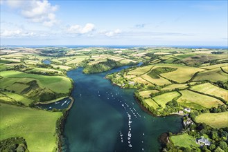 Salcombe and Mill Bay over Kingsbridge Estuary from a drone, Batson Creek, Southpool Creek, Devon,