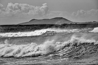 Strong surf and lava rocks on the coast of Janubio, Costa del Janubio, Lanzarote, Canary Islands,