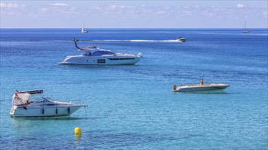 Boats anchored in the bay of Cala Comte, Ibiza, Balearic Islands, Mediterranean Sea, Spain, Europe