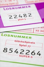 Game ticket, gambling, betting slip, GlücksSpirale, Spiel 77, SUPER 6