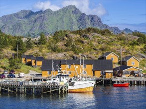 Youth hostel Stamsund, located in traditional fishermans houses (rorbu) at the seaside, Lofoten,