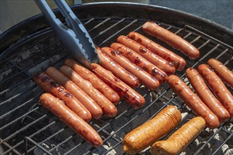 Detroit, Michigan, Hot dogs on the grill at the annual 'Summer Sizzler' picnic and party held by