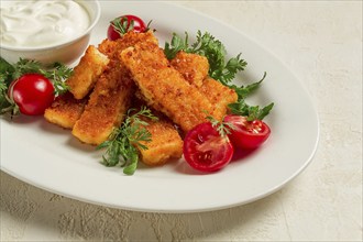 Fried fish nuggets, with white sauce, arugula and cherry, no people