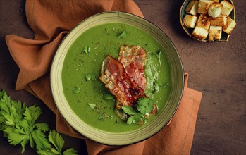 Green mashed soup, with bacon and croutons, homemade, no people