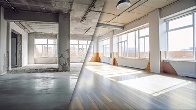 Large industrial office building before and after cleanup and construction, generative AI, AI