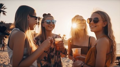 Young adult friends with tropical drinks enjoy the sunset on their vacation, generatvie AI, AI