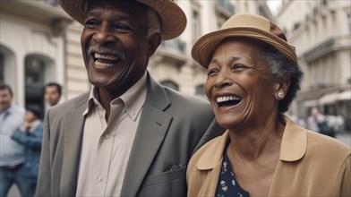 Happy elderly african american couple enjoying a walk along the european streets during thier