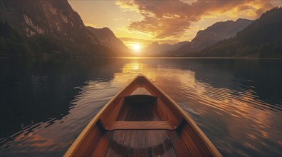 A kayak is in the lake with the sun setting in the background. Serenity and tranquility, AI