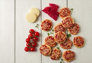 Mini pizzas, salami with mozzarella cheese, on a white table, top view, no people