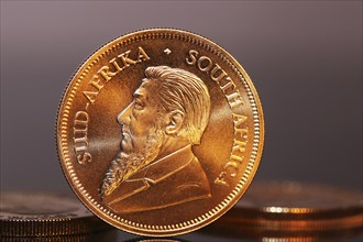 Close-up of Krugerrand gold coins