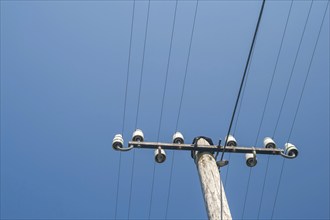 Wooden electricity pylon, electricity pylon with ceramic insulators, Münsterland, North