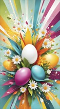 An energetic, abstract explosion of spring colors with egg and flower motifs subtly integrated,