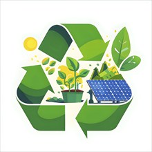 Recycling symbol morphing into growing plants and solar cells to symbolize the transformation of