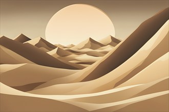 Abstract desert scene with triangular sand dunes and a single circular sun, using sharp lines and