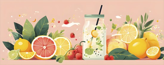 Abstract wallpaper of smoothie surrounded by an assortment of fruits and vegetables, AI generated