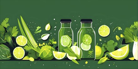 Abstract wallpaper composition with bottle of delicious green detox juice and fruits and