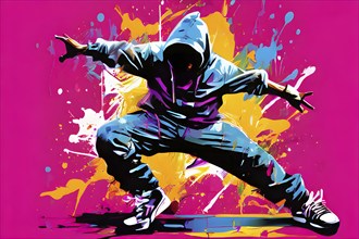 Illustration of a dynamic breakdancer mid action on a vibrant splash paint background, AI generated