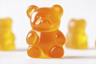 Cute orange jelly bear fruit gum candy on white background. Generative Ai, AI generated