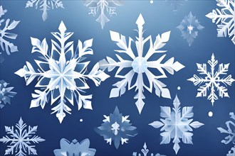 Abstract pattern of snowflakes in varying sizes and shapes in soft white and blue gradients, AI