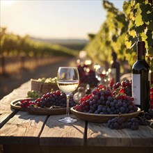 AI generated wine tasting table setup with wine and vine grapes nestled subtly amidst a thriving