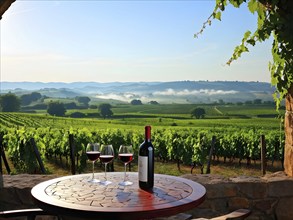 AI generated wine tasting table setup with wine and grapes nestled subtly amidst a thriving