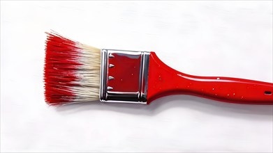 Thick paintbrush dipped in red bristles dripping onto a white background, AI generated