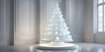 A three dimensional rendering of a futuristic Christmas tree made of glowing, semi-transparent