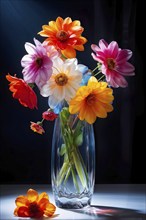 Transparent crystal glass vase with vibrant blooming flowers, AI generated