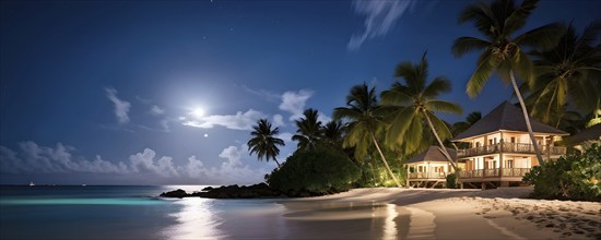 Real estate beach resort at the Caribbean coast at night, AI generated