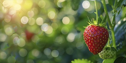 Close up of strawberry fruit growing on bush with bokeh lights in background. KI generiert,